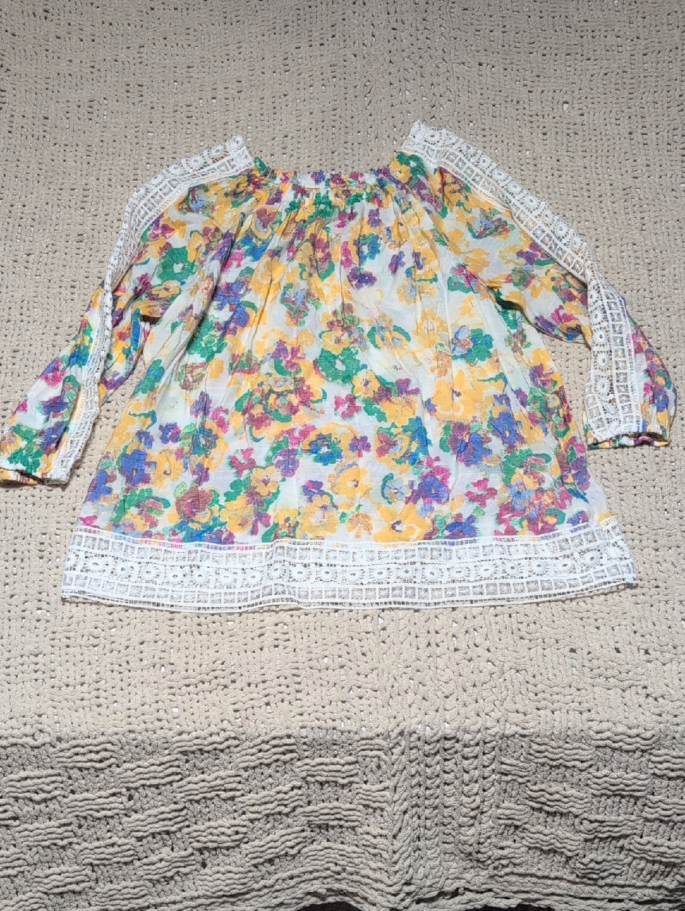 385 - Floral Crochet-Trim Boho Blouse - Yellow, Green, Purple